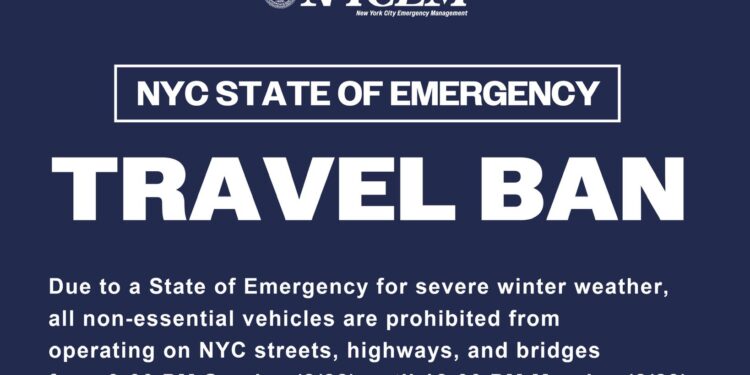 NYCEM Public Service Alert: NYC State of Emergency | Travel Ban | 9:00 PM Sunday (2/22) until 12:00 PM Monday (2/23)